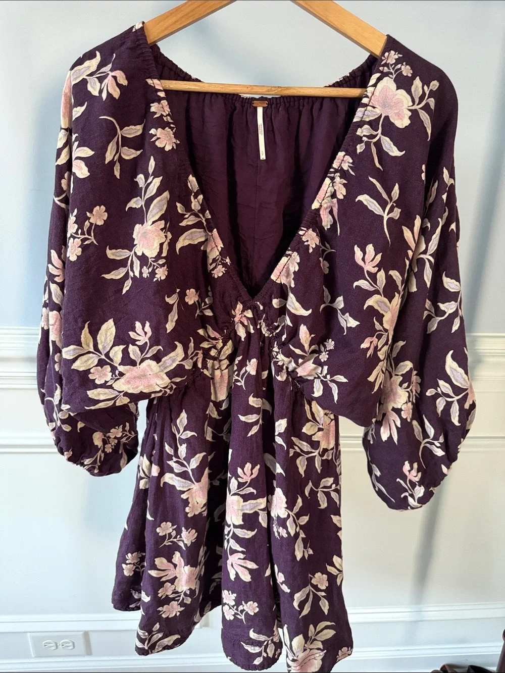 Free People Portia Balloon Sleeve Linen Mini Dress Mulberry Black Cherry S Small